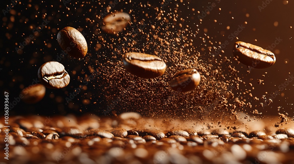 Coffee Beans in Mid-Flight Amidst Soft Illumination