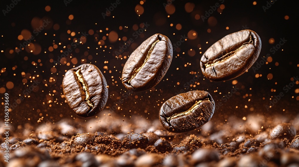 Coffee Beans in Mid-Flight with Sparkling Background Coffee Beans in Mid-Flight with Sparkling Background