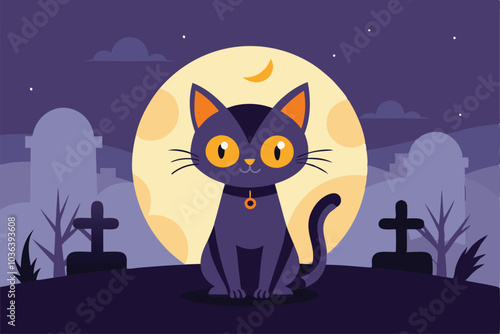 cat in the night full moon background - Generative AI