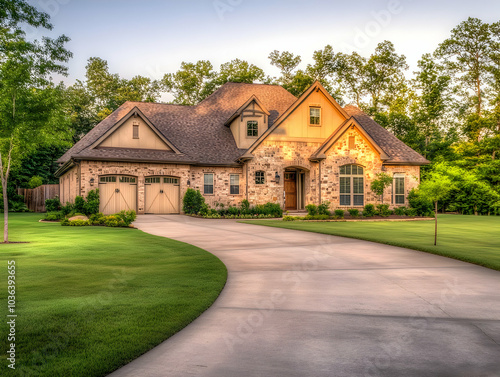 Real Estate - A charming stone house with a landscaped yard and a curved driveway.