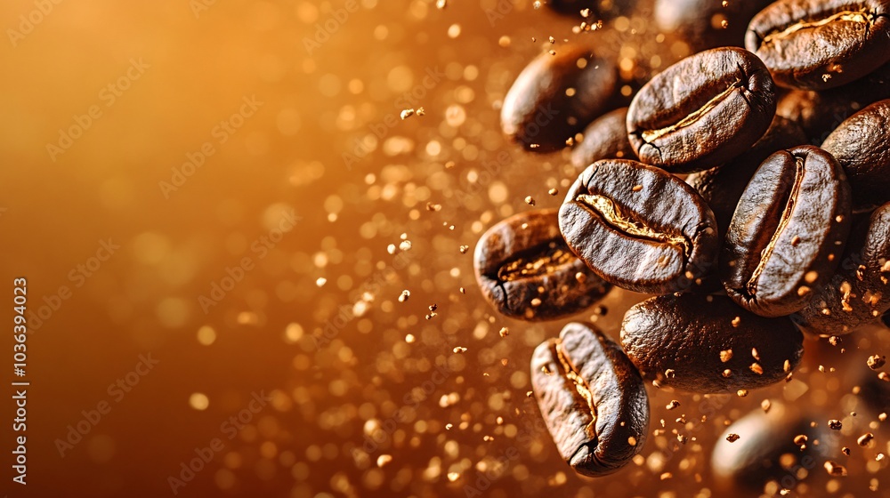 Floating Coffee Beans in Rich Golden Background Floating Coffee Beans in Rich Golden Background