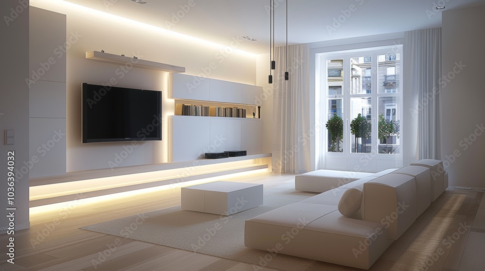 Minimalist media area, soft lighting Minimalist media area, soft lighting