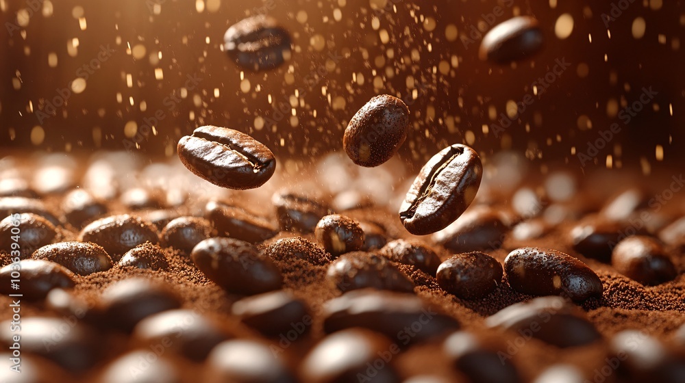 Coffee Beans Floating in Air with Dramatic Shadowing Coffee Beans Floating in Air with Dramatic Shadowing