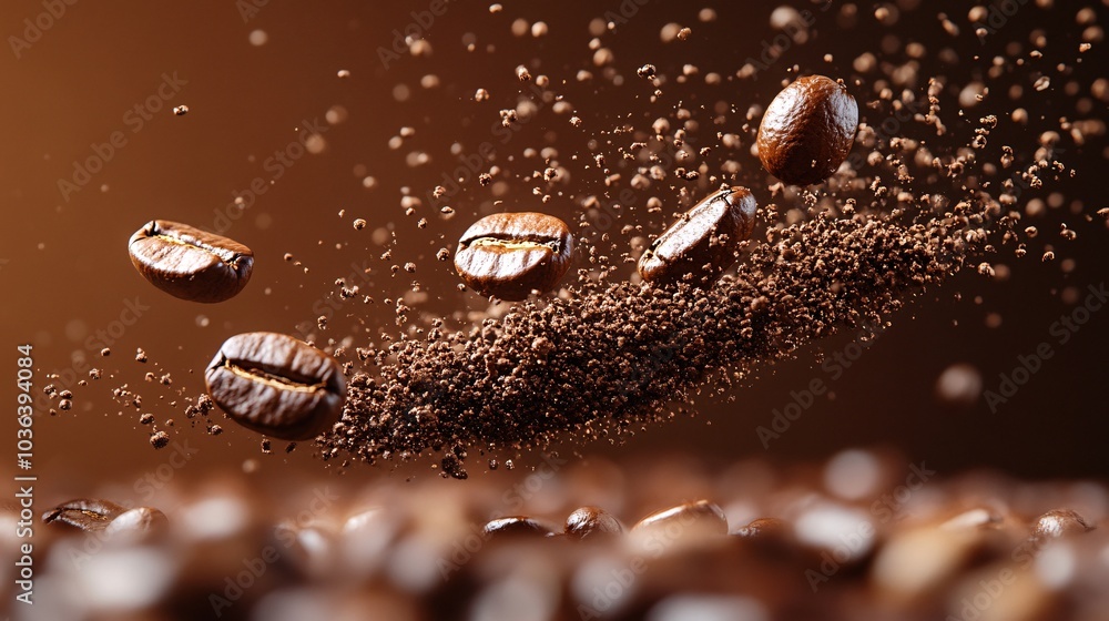 Coffee Beans in Mid Air with Dynamic Floating Effect Coffee Beans in Mid Air with Dynamic Floating Effect
