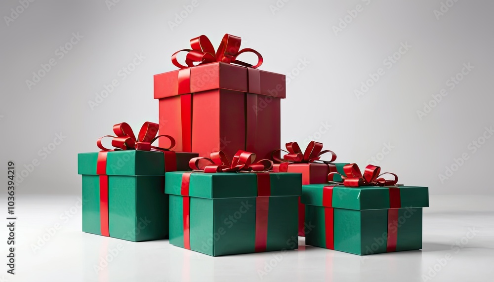 Fototapeta premium Vibrant Red and Green Gift Boxes on a Smooth White Surface