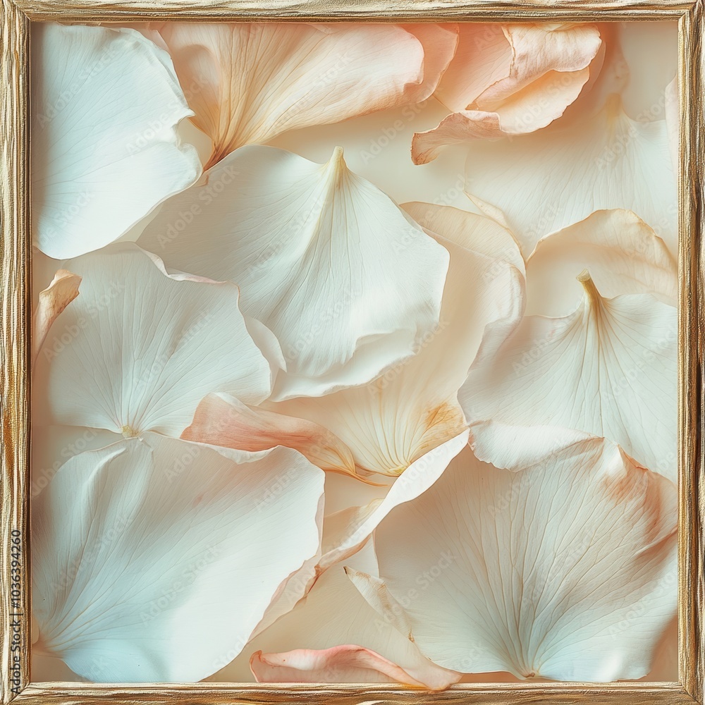 An artistic representation of delicate flower petals in soft colors, elegantly framed in a vintage gold border, creating a serene atmosphere An artistic representation of delicate flower petals in soft colors, elegantly framed in a vintage gold border, creating a serene atmosphere