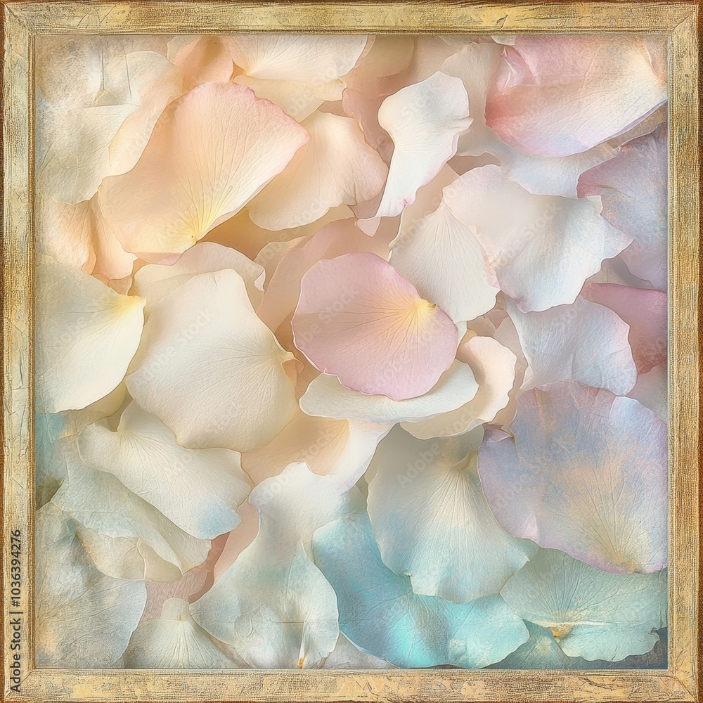 An artistic representation of delicate flower petals in soft colors, elegantly framed in a vintage gold border, creating a serene atmosphere An artistic representation of delicate flower petals in soft colors, elegantly framed in a vintage gold border, creating a serene atmosphere