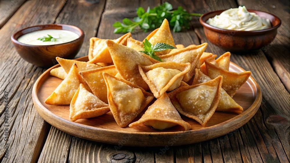 A Golden Array of Crispy Triangles Served on a Rustic Wooden Platter with Creamy Dips A Golden Array of Crispy Triangles Served on a Rustic Wooden Platter with Creamy Dips