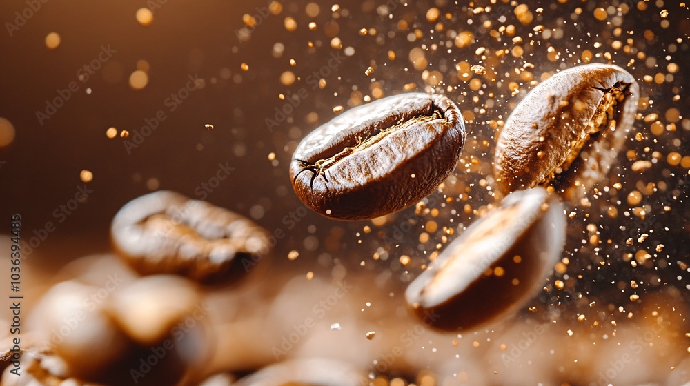 Coffee Beans in Motion with Dust Particles Coffee Beans in Motion with Dust Particles