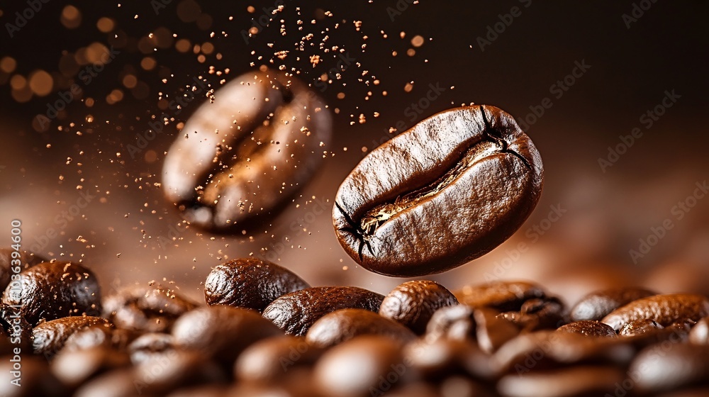 Coffee Beans in Motion with Flying Particles Coffee Beans in Motion with Flying Particles