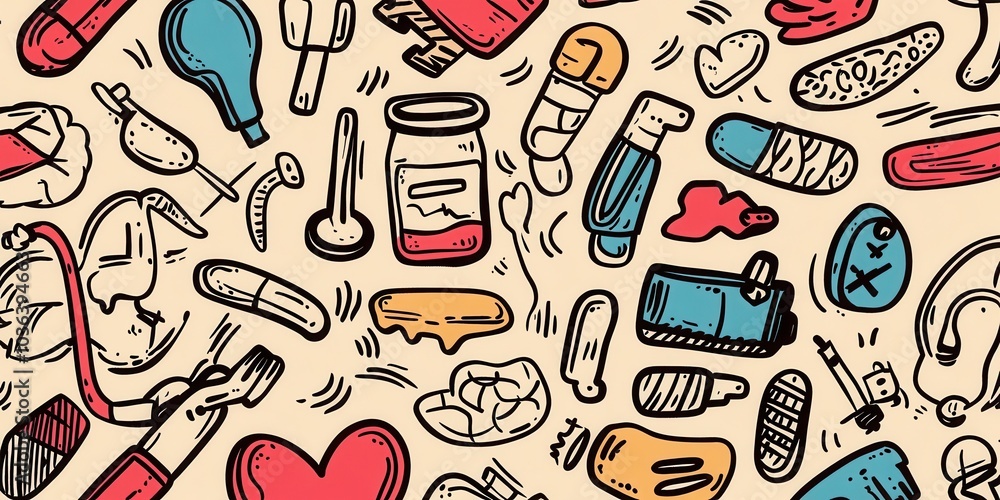 Colorful doodle art with medical and health-related items, featuring pills, bandages, syringes, and heart shapes on a beige background. Colorful doodle art with medical and health-related items, featuring pills, bandages, syringes, and heart shapes on a beige background.