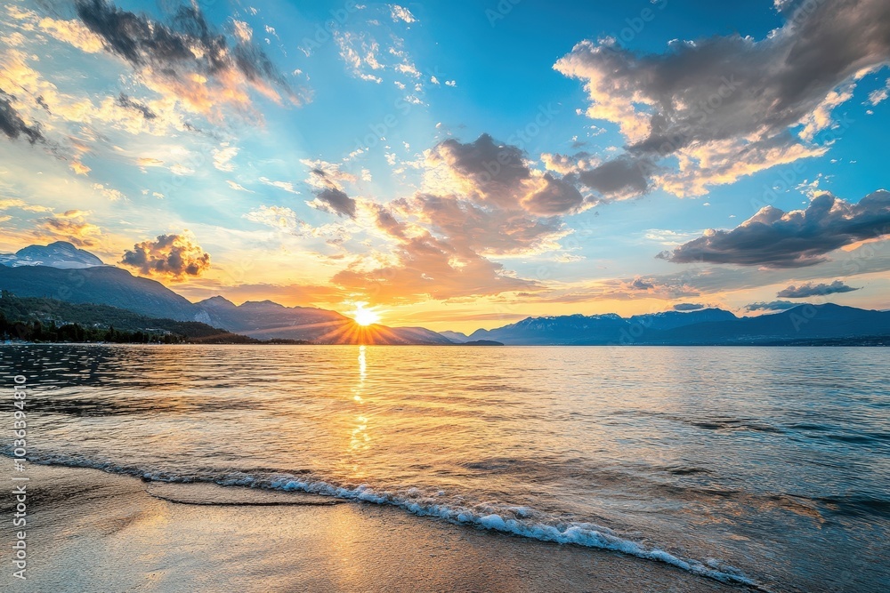 Obraz premium A stunning sunset over a calm sea, with vibrant colors reflecting on the water and clouds scattered across the sky.