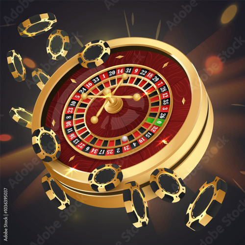 Golden falling poker chips, tokens with gold casino roulette wheel on black background. Vector illustration for casino, game design, advertising