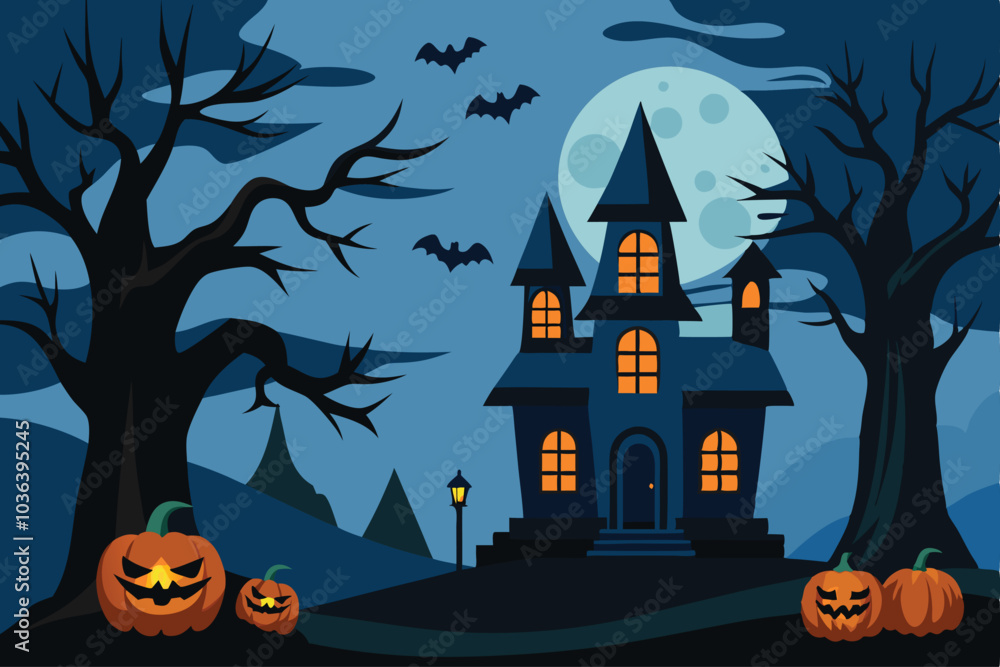 Halloween hunted house scary pumpkin laughing at night background - Generative AI Halloween hunted house scary pumpkin laughing at night background - Generative AI