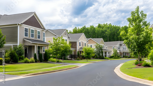 Real Estate - A peaceful suburban neighborhood with well-maintained homes and greenery.