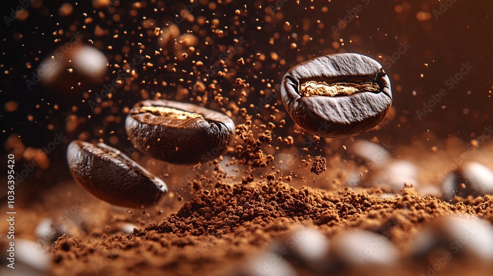 Coffee Beans Flying in Slow Motion Amidst Ground Coffee Coffee Beans Flying in Slow Motion Amidst Ground Coffee