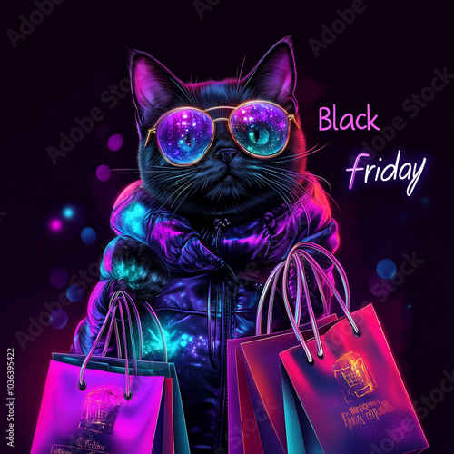 Black cat carrying shopping bags on Black Friday night