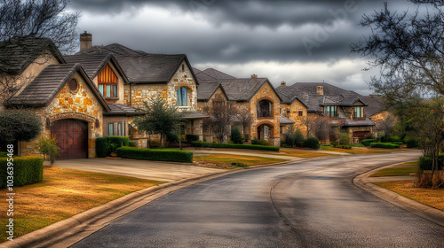 Real Estate - A scenic view of a suburban neighborhood with elegant homes and a winding road under cloudy skies.