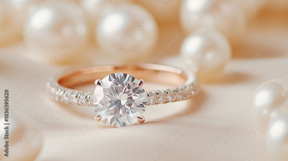 A sparkling diamond ring surrounded by pearls on a luxurious silk fabric A sparkling diamond ring surrounded by pearls on a luxurious silk fabric