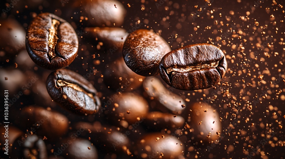 Roasted Coffee Beans in Mid-Air Formation Roasted Coffee Beans in Mid-Air Formation