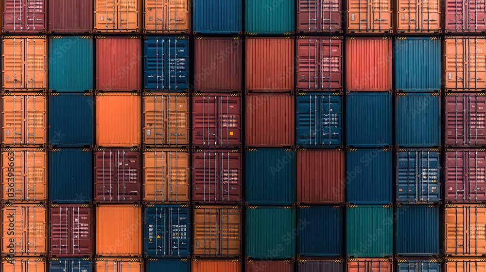 Obraz premium Colorful stacked shipping containers form a geometric pattern, showcasing industrial logistics and global trade under a clear sky.
