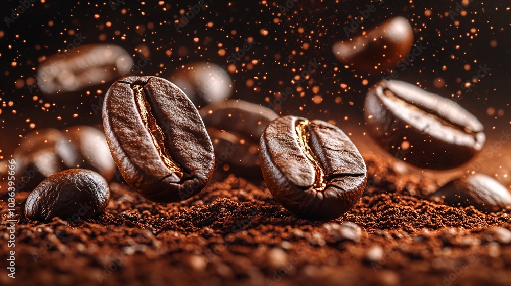 Roasted Coffee Beans Floating in Air with Shadow Roasted Coffee Beans Floating in Air with Shadow