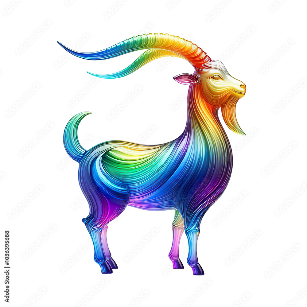 Obraz premium A glass sculpture of a beautiful goat, gradient of rainbow colors isolated on white background PNG