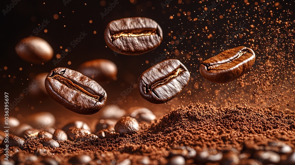 Flying Roasted Coffee Beans in Dynamic Formation Flying Roasted Coffee Beans in Dynamic Formation