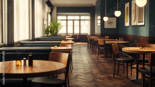 A cozy café interior featuring wooden tables, comfortable seating, and large windows, creating a warm and inviting atmosphere.