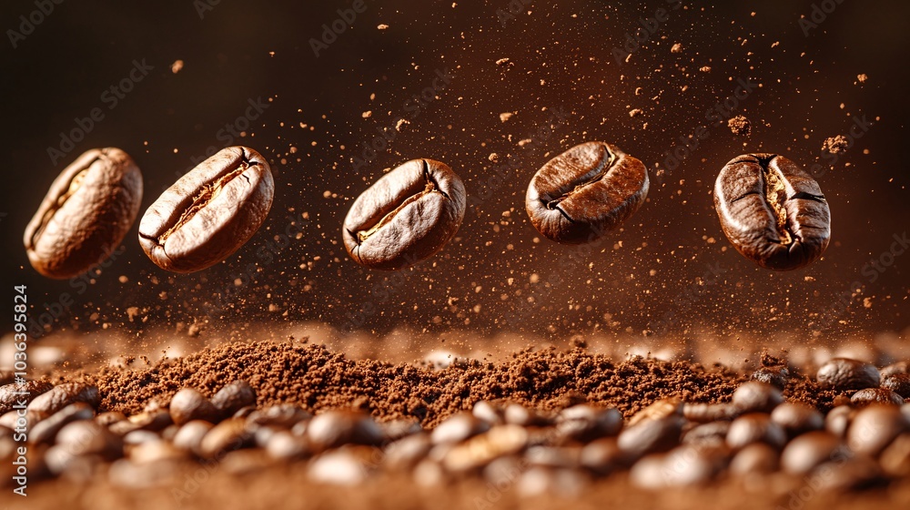 Roasted Coffee Beans in Mid-Air Flight Roasted Coffee Beans in Mid-Air Flight