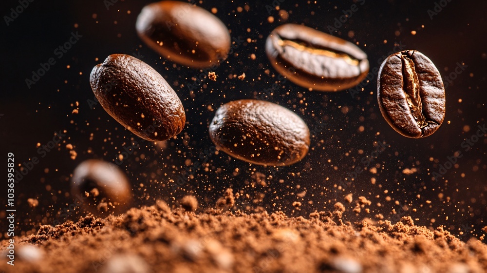 Weightless Roasted Coffee Beans in Mid-Air Weightless Roasted Coffee Beans in Mid-Air