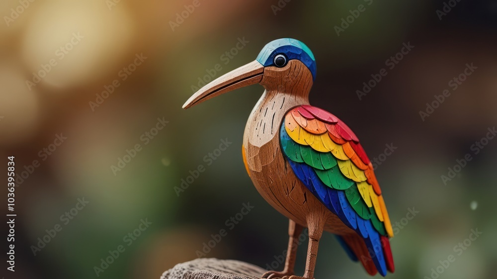 A colorful wooden bird figurine with a blurred background. A colorful wooden bird figurine with a blurred background.