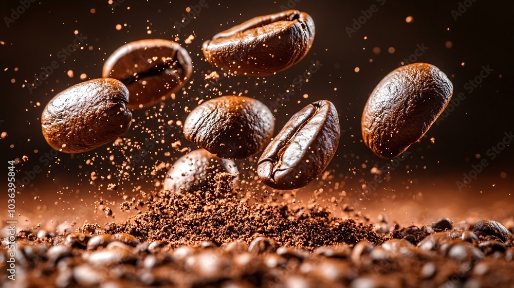 Weightless Roasted Coffee Beans in Mid-Air Weightless Roasted Coffee Beans in Mid-Air