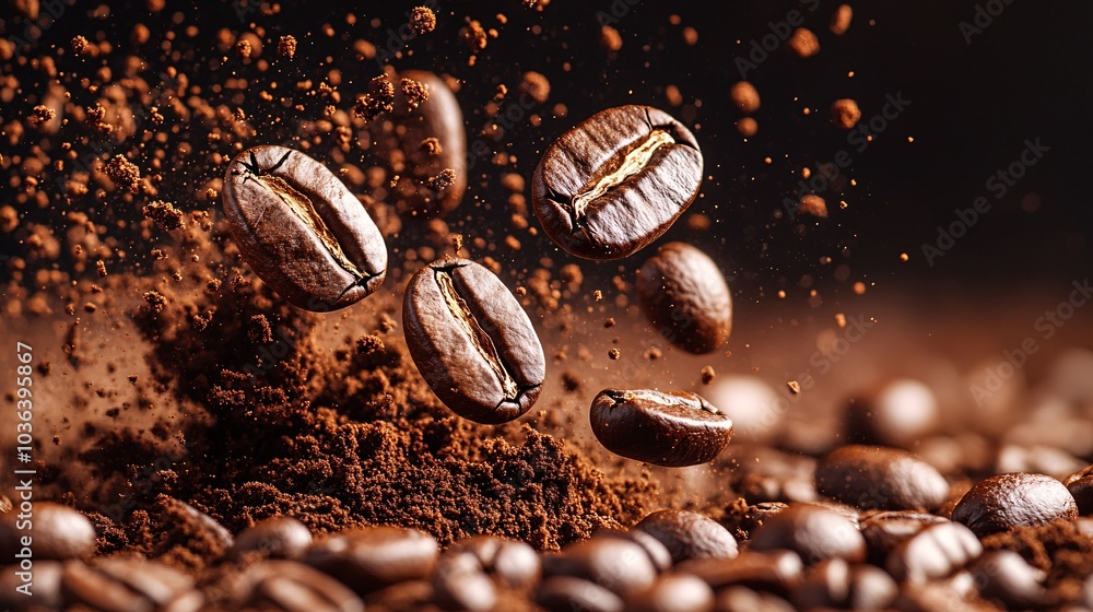 Roasted Coffee Beans Soaring Through the Air Roasted Coffee Beans Soaring Through the Air