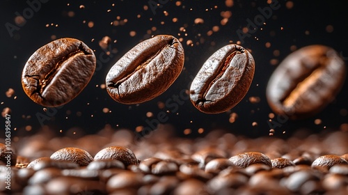 Floating Roasted Coffee Beans in Dark Background photo