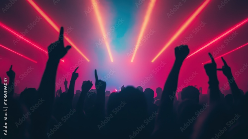 The image captures a lively concert scene with vibrant laser lights and a crowd silhouetted, celebrating and dancing energetically. The image captures a lively concert scene with vibrant laser lights and a crowd silhouetted, celebrating and dancing energetically.