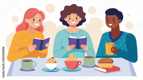 Over cups of steaming tea and cookies the book club members engaged in a lively discussion about the authors writing style and character development.. Vector illustration