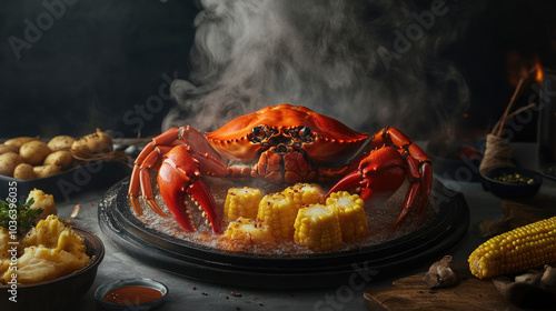 A boiled king crab steaming on a serving tray, surrounded by side dishes like potatoes and corn on the cob. --chaos