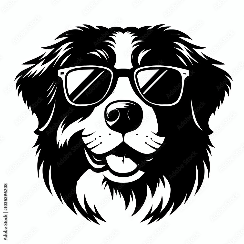 Fototapeta premium Bernese mountain dog smiling wearing sunglasses silhouette vector illustration