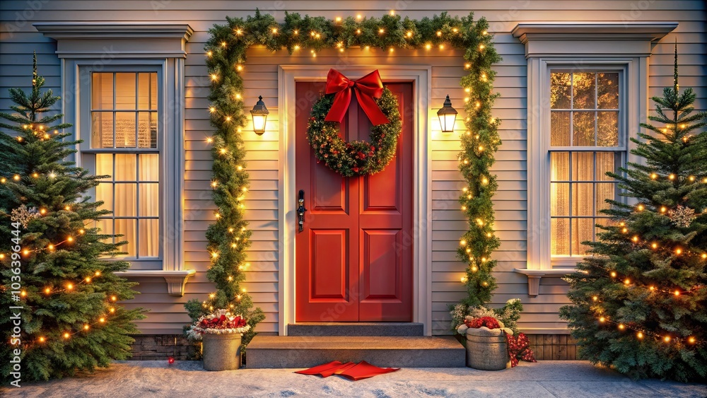 A festive entrance with illuminated greenery and a wreath adorning a red door, inviting warmth and cheer into the home A festive entrance with illuminated greenery and a wreath adorning a red door, inviting warmth and cheer into the home