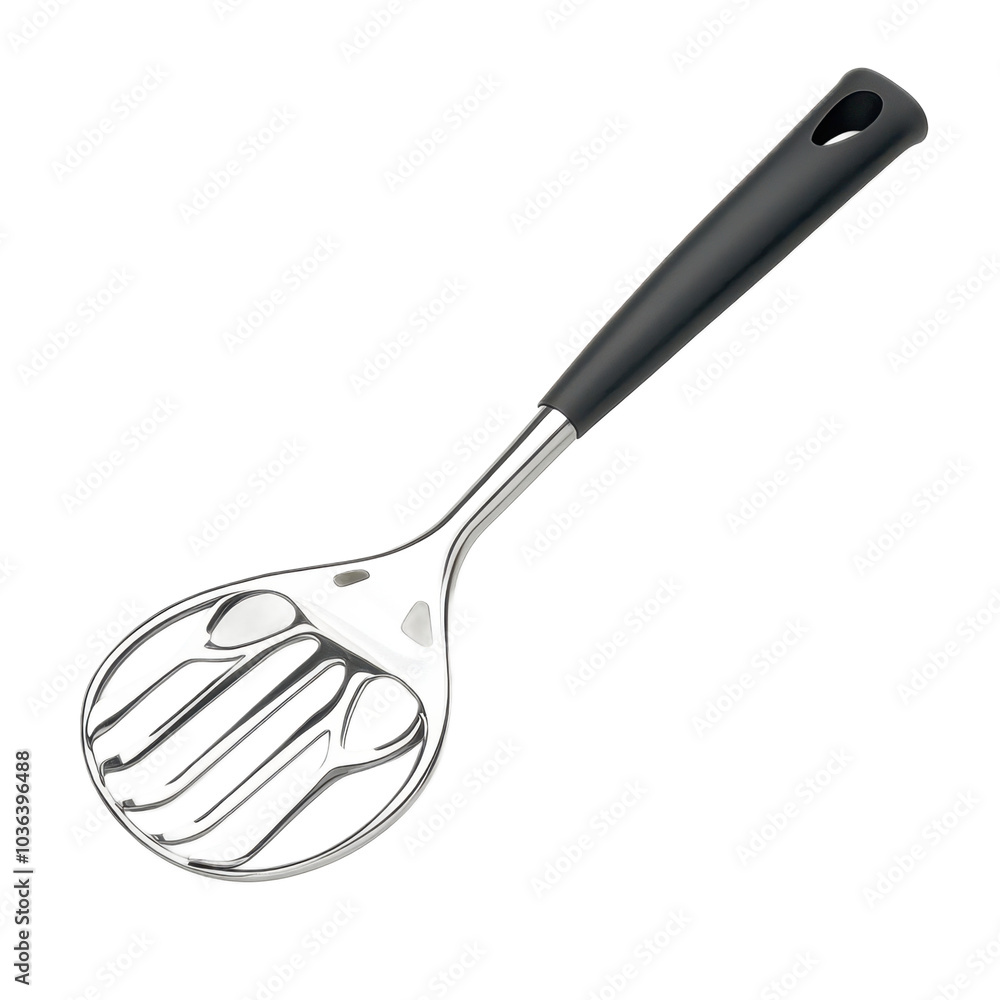 Silver Kitchen Utensil with Black Handle for Mashing Potatoes