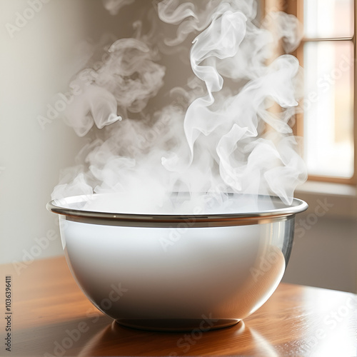 Liquid nitrogen in stainless steel bowl on table with transpiration mist smoke close up side view