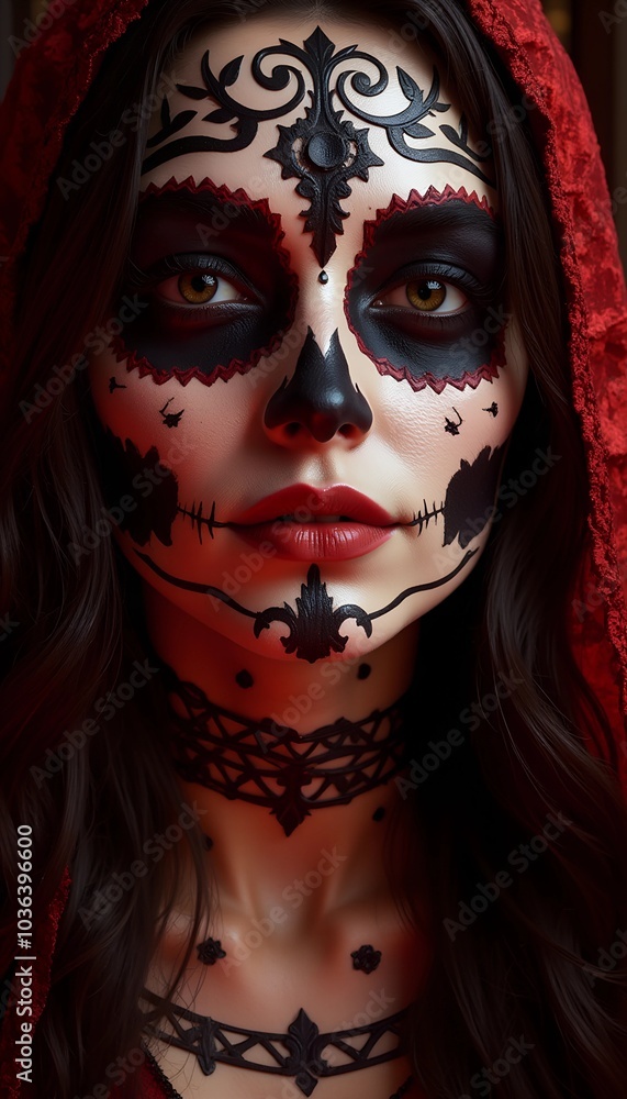 Young woman with Day of the Dead makeup in red hood and dramatic expression Young woman with Day of the Dead makeup in red hood and dramatic expression