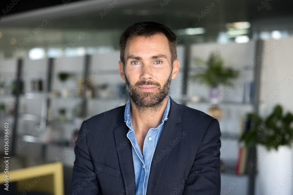 Confident handsome middle aged Caucasian business leader man in casual jacket looking at camera, standing in co-working, posing for head shot. Serious businessman, entrepreneur, CEO portrait Confident handsome middle aged Caucasian business leader man in casual jacket looking at camera, standing in co-working, posing for head shot. Serious businessman, entrepreneur, CEO portrait