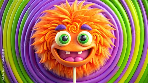 A Cheerful Candy Monster With Big Eyes and a Wide Grin Nestled Within Spiraling Stripes of Purple and Green