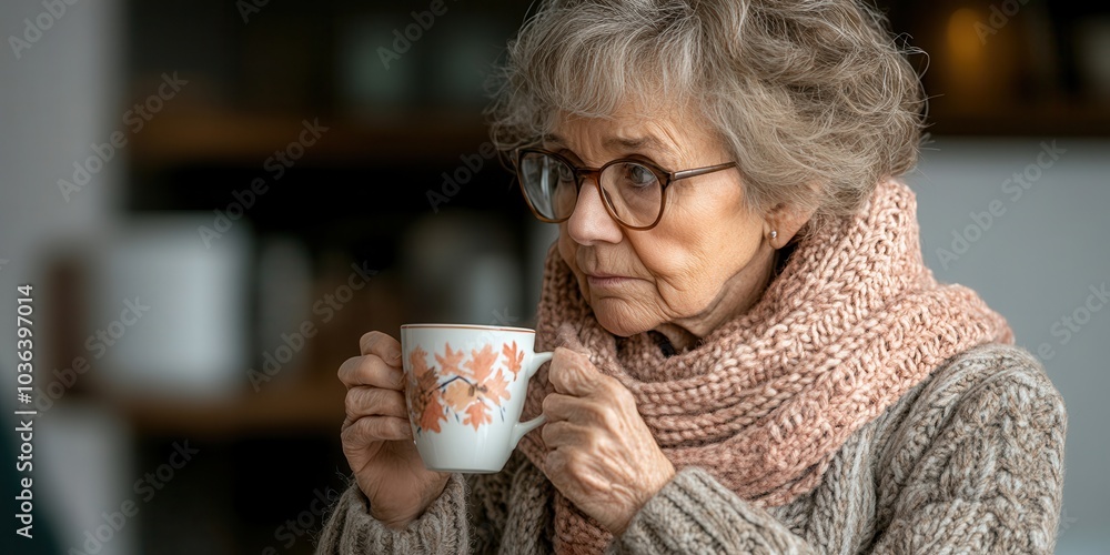 Elderly woman enjoying a warm cup of tea, wrapped in a cozy scarf, exuding comfort and relaxation in a home setting. Elderly woman enjoying a warm cup of tea, wrapped in a cozy scarf, exuding comfort and relaxation in a home setting.