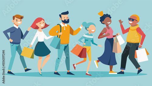 Shoppers and passersby stop in their tracks and join in the fun as a spontaneous flash mob breaks out spreading contagious laughter and smiles.. Vector illustration