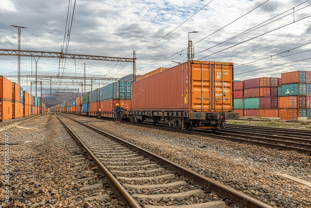 Obraz premium Freight train with cargo containers on railway tracks under a cloudy sky, showcasing transportation and logistics industry.