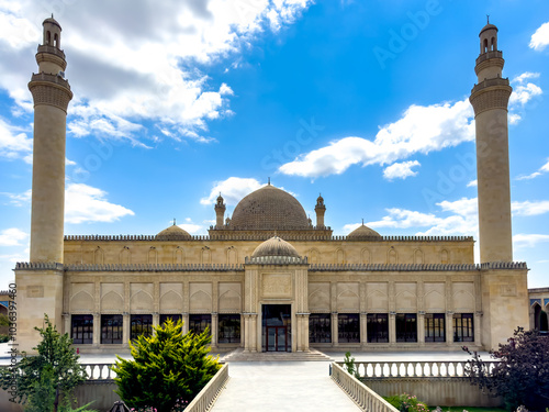 Exterior of the ruins of oldest mosque in Azerbaijan c.743 and renovated new mosque in Shemakhi (Shemakha) city as seen in August 2024.