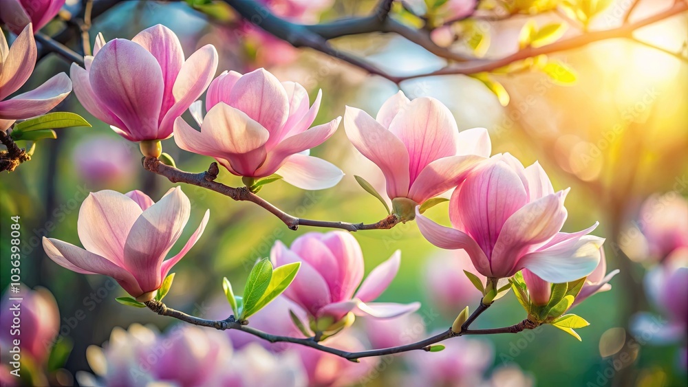 Obraz premium Delicate Magnolia Blossoms Bathed in Warm Sunlight, Their Petals Unfolding in a Symphony of Pastel Hues